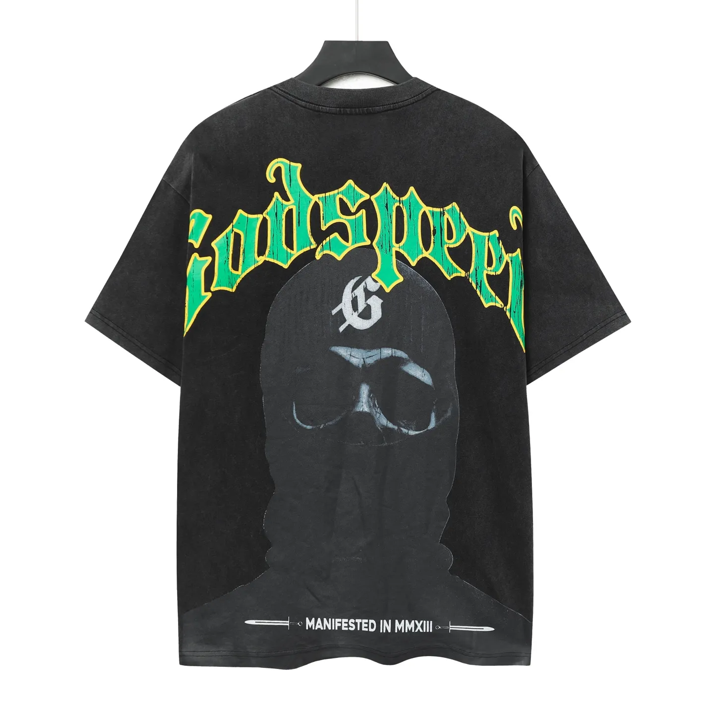 6050#washed black｜P116 Godspeed cross-border American rock and roll street washed retro style short-sleeved T (craft printing) fabric (fabric): 32 count combed double yarn 250g weight size (size): S-M-L-XL color (colour): washed black 👉