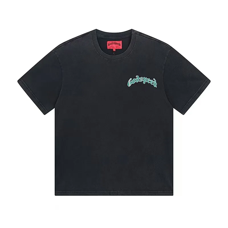 6050#washed black｜P116 Godspeed cross-border American rock and roll street washed retro style short-sleeved T (craft printing) fabric (fabric): 32 count combed double yarn 250g weight size (size): S-M-L-XL color (colour): washed black 👉