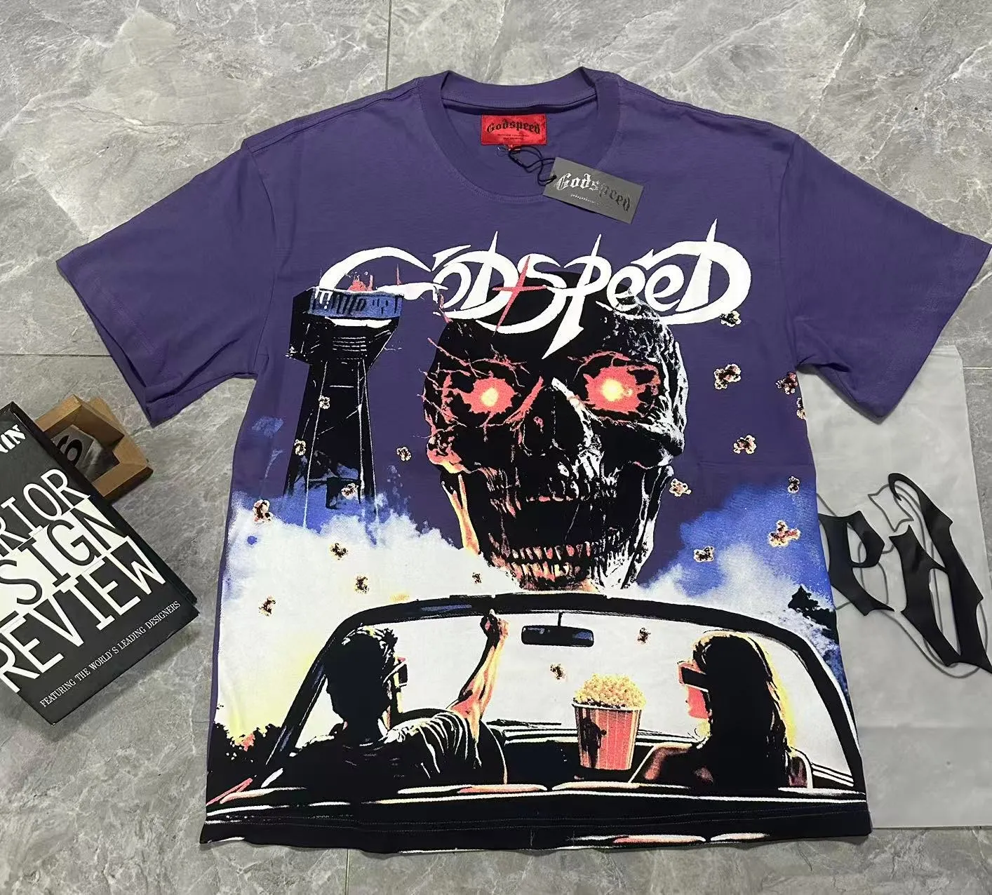 52💰5091#vine purple Godspeed cross-border American rock and roll street wash retro style short-sleeved T (craft printing) fabric (fabric) 32 combed double yarns 240 grams weight code number (size): S-M-L-XL color (colour): vine purple