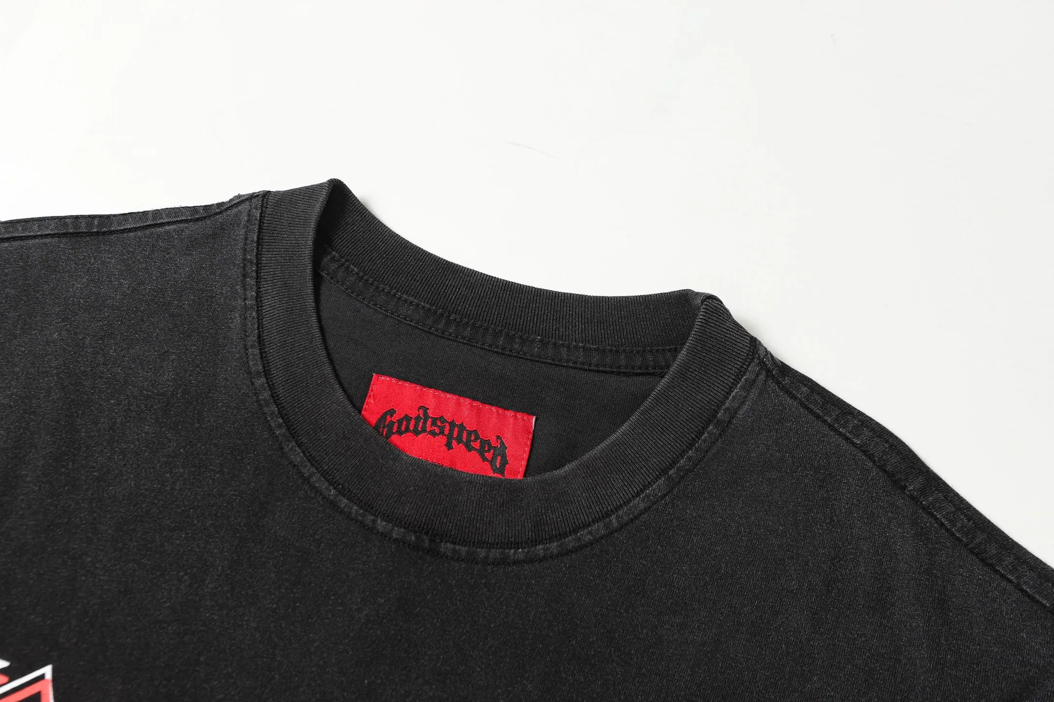 6053#washed black｜P116 Godspeed cross-border American rock and roll street washed retro style short-sleeved T (craft printing) fabric (fabric): 32 count combed double yarn 250g weight code number (size): S-M-L-XL color (colour): washed black