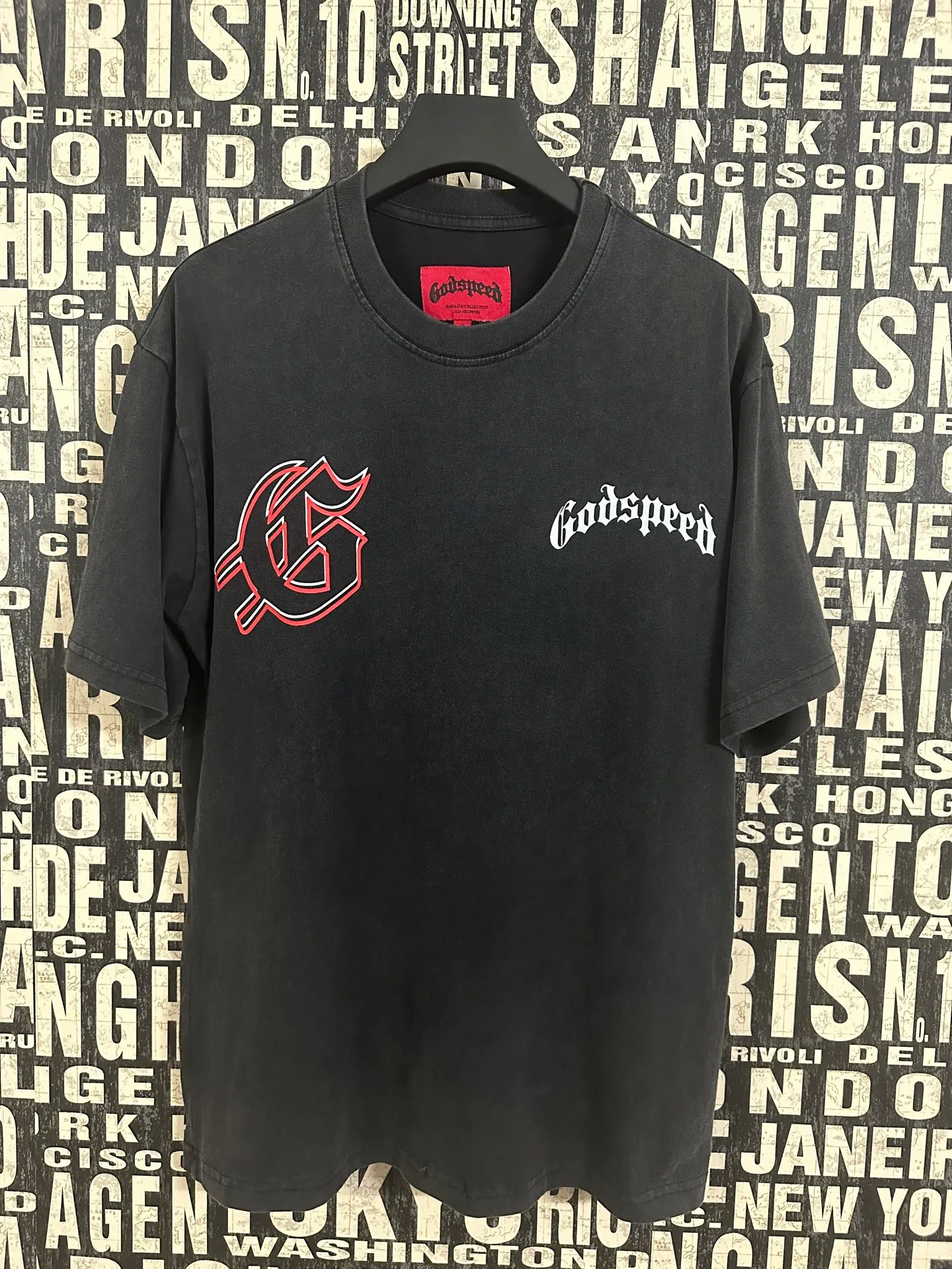 6053#washed black｜P116 Godspeed cross-border American rock and roll street washed retro style short-sleeved T (craft printing) fabric (fabric): 32 count combed double yarn 250g weight code number (size): S-M-L-XL color (colour): washed black