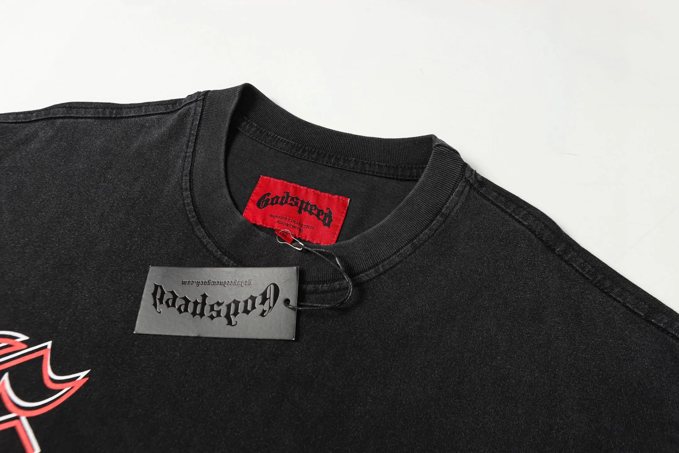 6053#washed black｜P116 Godspeed cross-border American rock and roll street washed retro style short-sleeved T (craft printing) fabric (fabric): 32 count combed double yarn 250g weight code number (size): S-M-L-XL color (colour): washed black