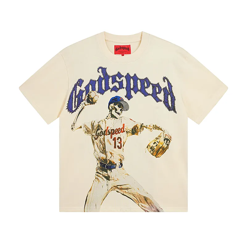 3003# P110 Real shot Godspeed American fashion rock street retro loose printed cotton short sleeves Fabric: 240g 32 count fine cotton double yarn pure cotton Color: off-white apricot Size: S M L XL