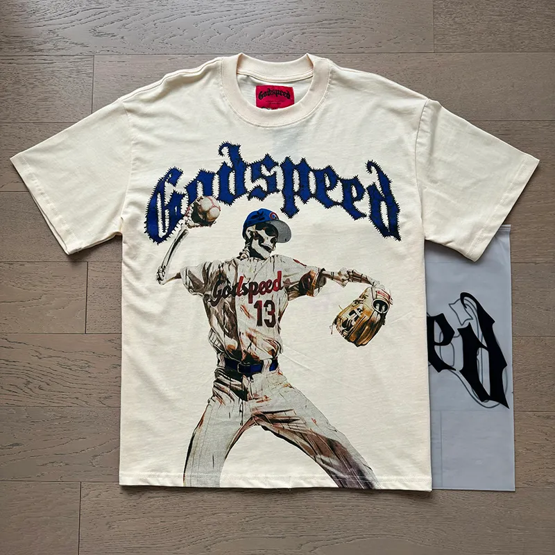 3003# P110 Real shot Godspeed American fashion rock street retro loose printed cotton short sleeves Fabric: 240g 32 count fine cotton double yarn pure cotton Color: off-white apricot Size: S M L XL
