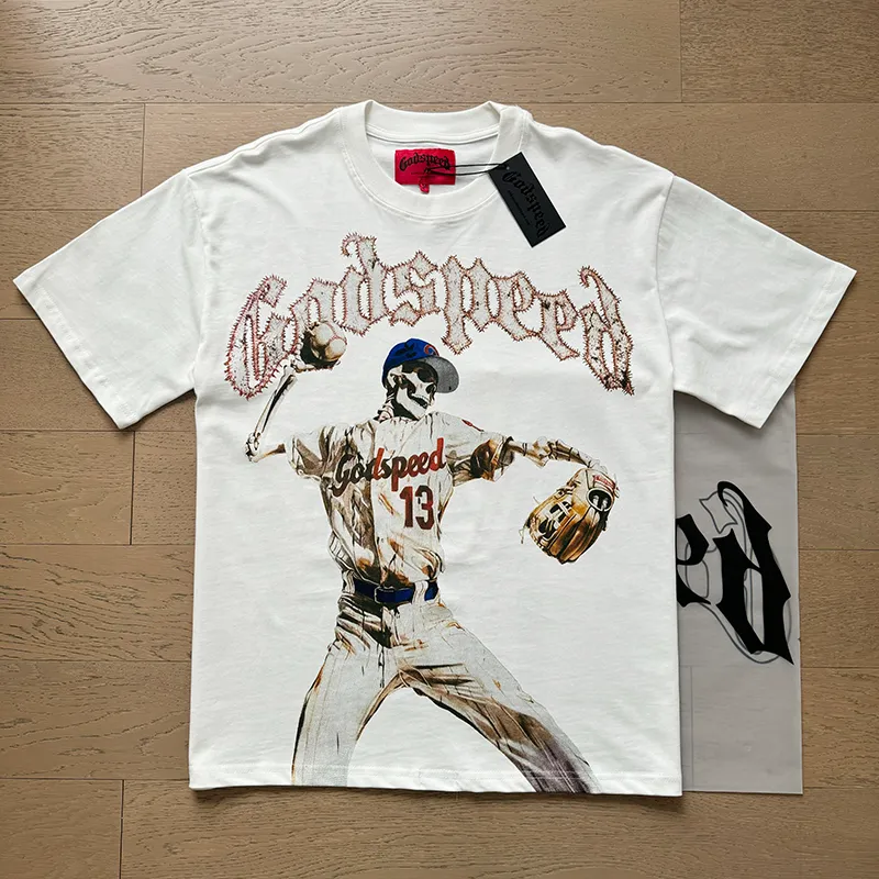 3003# P110 Real shot Godspeed American fashion rock street retro loose printed cotton short sleeves Fabric: 240g 32 count fine cotton double yarn pure cotton Color: off-white apricot Size: S M L XL