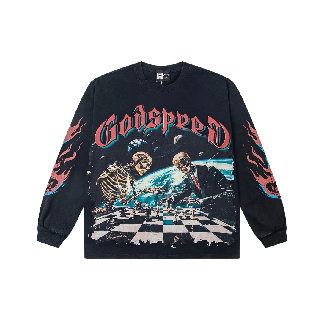 G48# GodSpeed ​​white ink direct spray washed long sleeve S-XL size black (washed) P156 apricot P146
