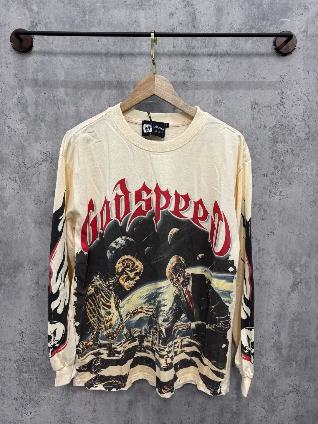 G48# GodSpeed ​​white ink direct spray washed long sleeve S-XL size black (washed) P156 apricot P146