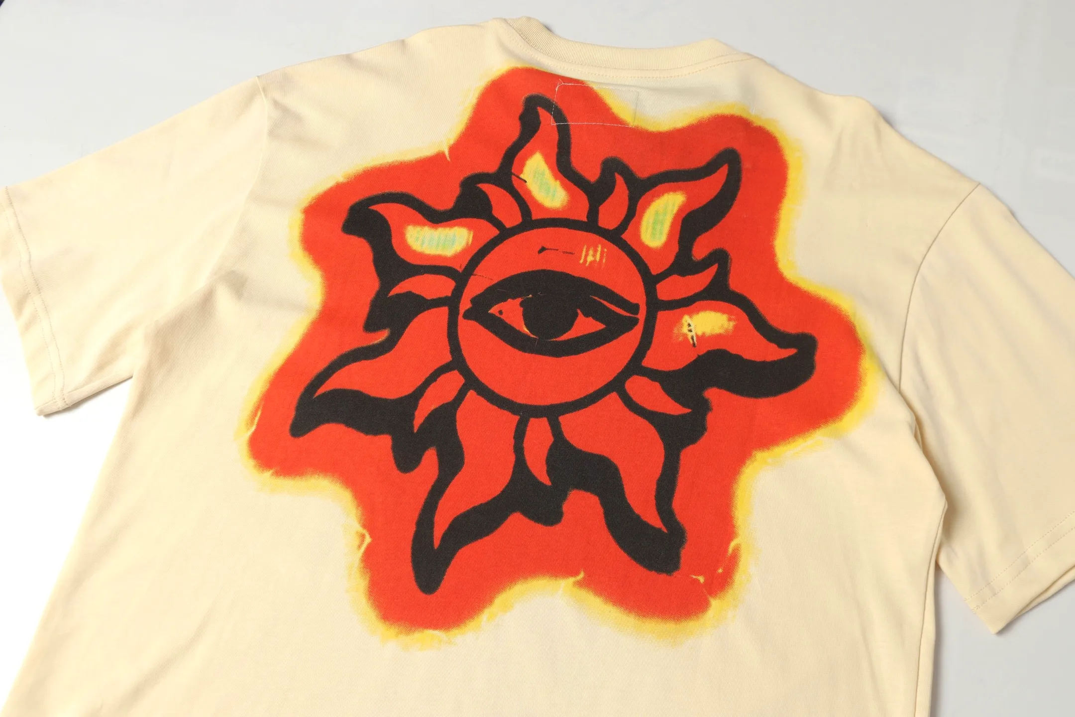 5025# white/apricot | P104 Godspeed cross-border American rock and roll street washed retro style short-sleeved T (craft printing) fabric (fabric): 32 counts combed double yarn 240 grams weight code (size): S-M-L-XL color (colour): white, apricot,