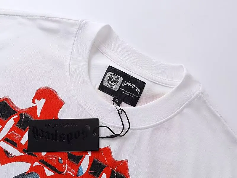 5025# white/apricot | P104 Godspeed cross-border American rock and roll street washed retro style short-sleeved T (craft printing) fabric (fabric): 32 counts combed double yarn 240 grams weight code (size): S-M-L-XL color (colour): white, apricot,