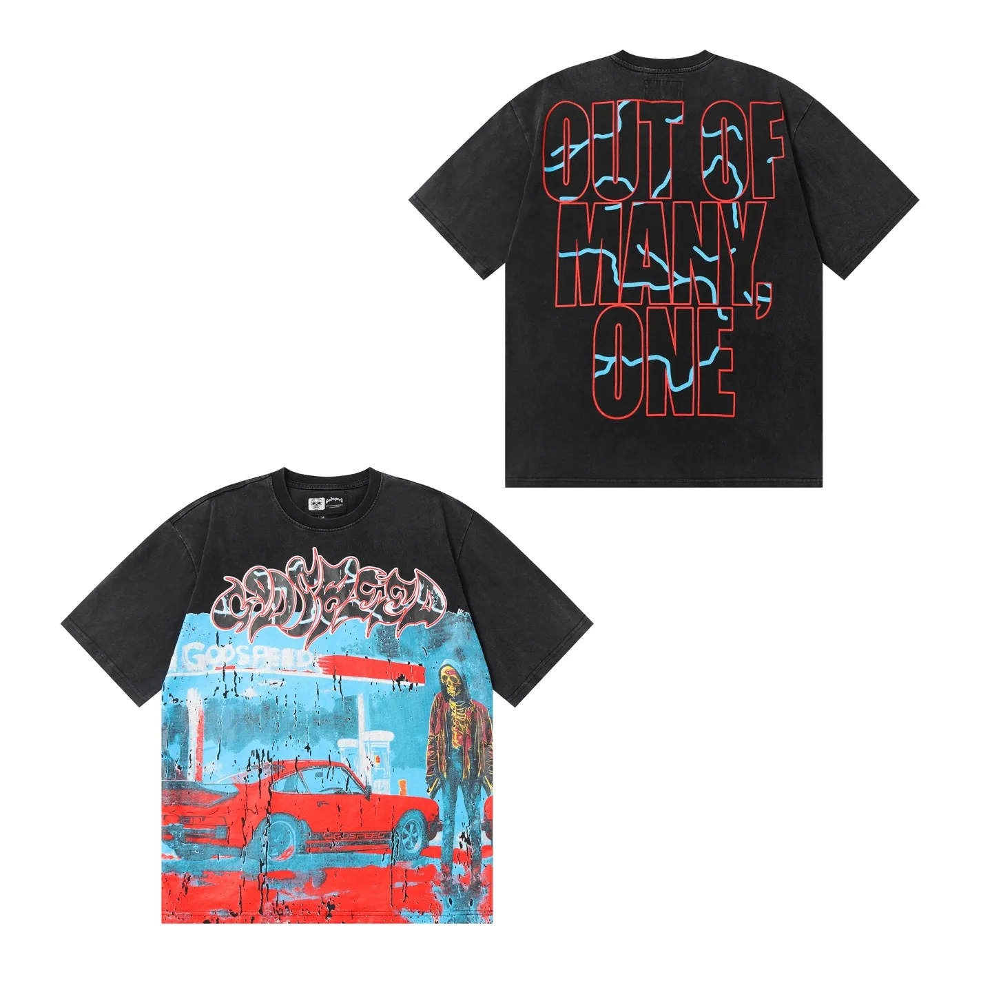 6006#washed black｜P116 Godspeed cross-border American rock and roll street washed retro style short-sleeved T (craft printing) fabric (fabric): 32 count combed double yarn 250g weight size (size): S-M-L-XL color (colour): washed black 👉