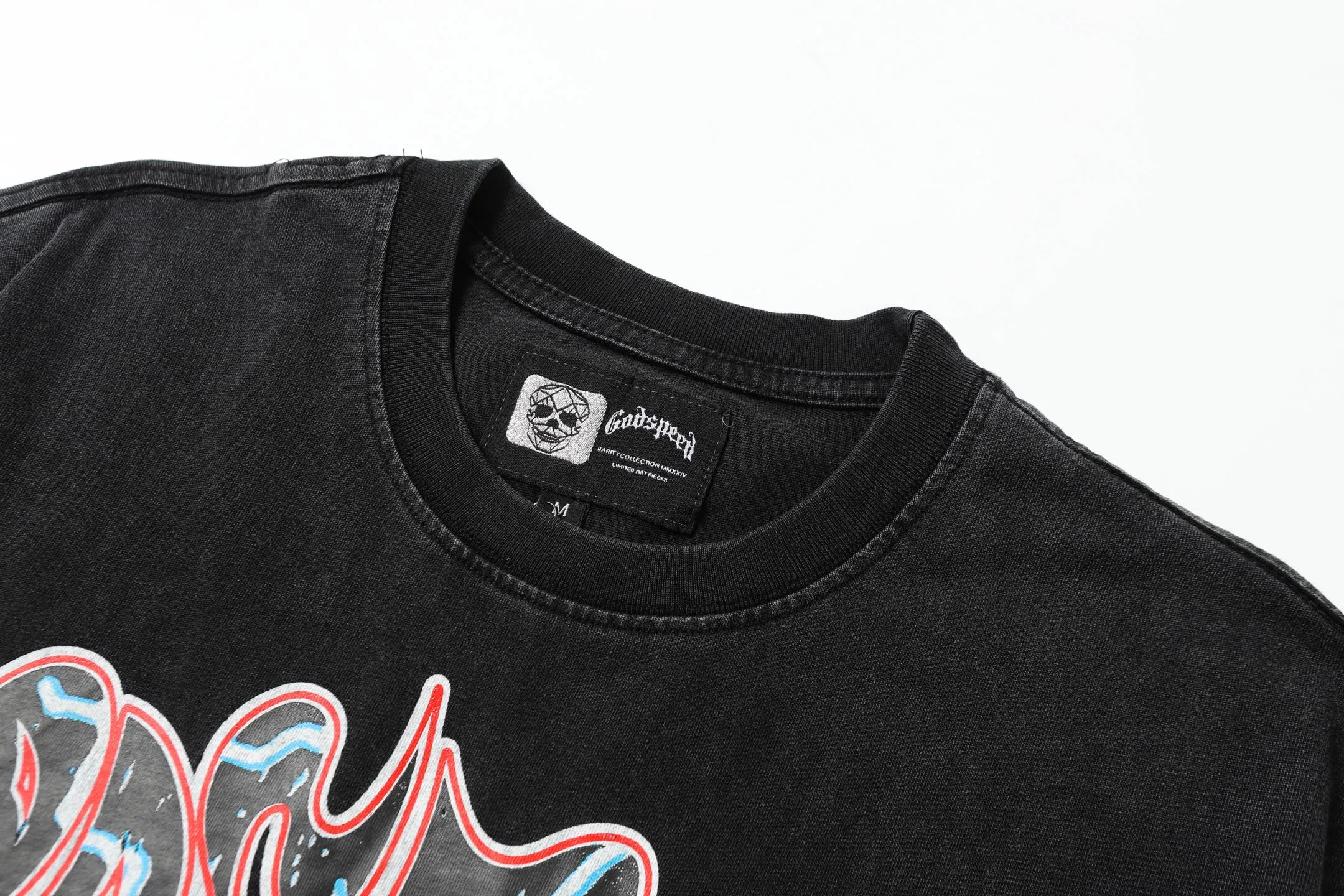 6006#washed black｜P116 Godspeed cross-border American rock and roll street washed retro style short-sleeved T (craft printing) fabric (fabric): 32 count combed double yarn 250g weight size (size): S-M-L-XL color (colour): washed black 👉