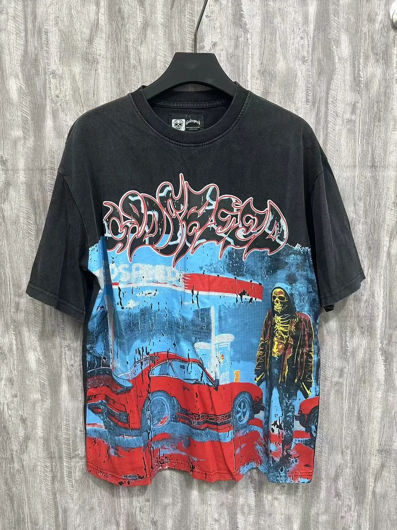 6006#washed black｜P116 Godspeed cross-border American rock and roll street washed retro style short-sleeved T (craft printing) fabric (fabric): 32 count combed double yarn 250g weight size (size): S-M-L-XL color (colour): washed black 👉