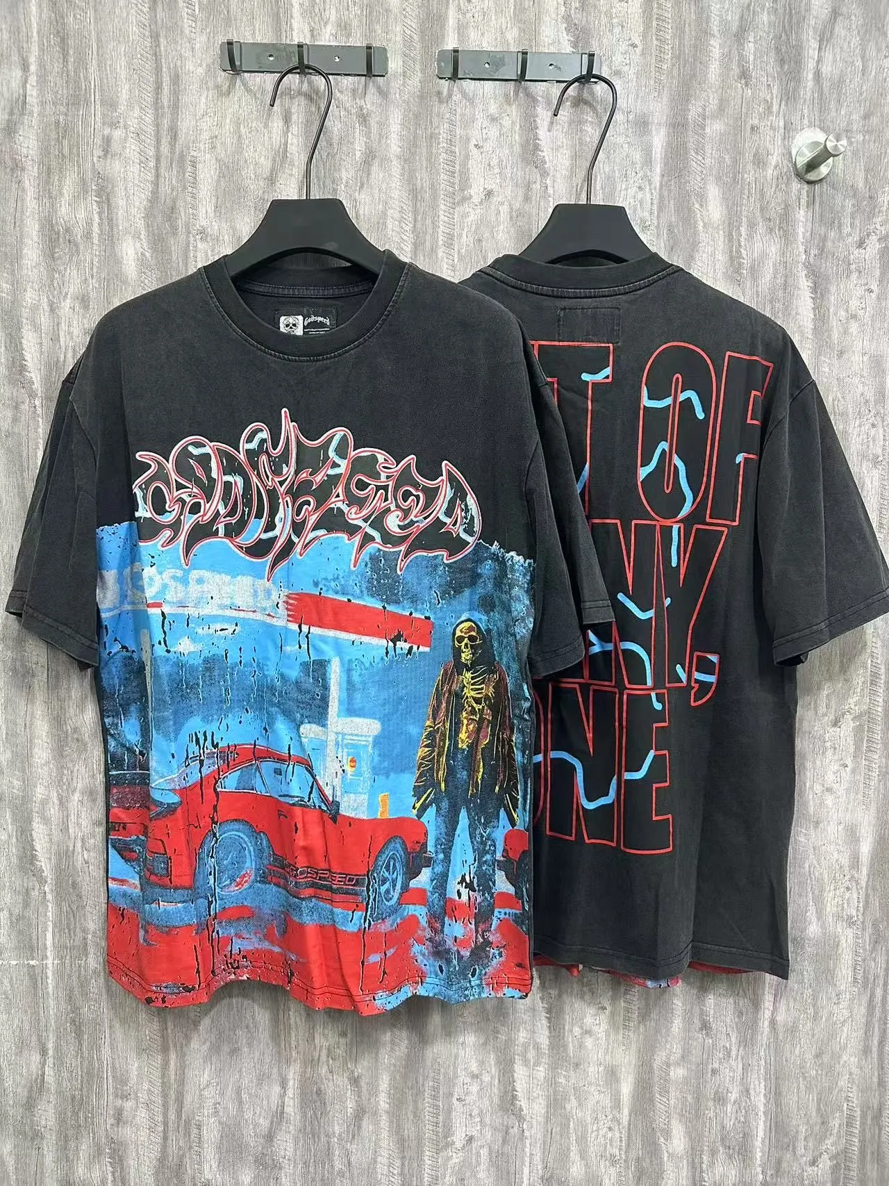6006#washed black｜P116 Godspeed cross-border American rock and roll street washed retro style short-sleeved T (craft printing) fabric (fabric): 32 count combed double yarn 250g weight size (size): S-M-L-XL color (colour): washed black 👉