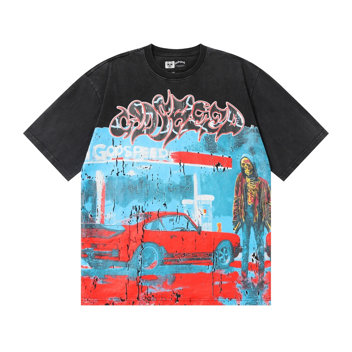 6006#washed black｜P116 Godspeed cross-border American rock and roll street washed retro style short-sleeved T (craft printing) fabric (fabric): 32 count combed double yarn 250g weight size (size): S-M-L-XL color (colour): washed black 👉