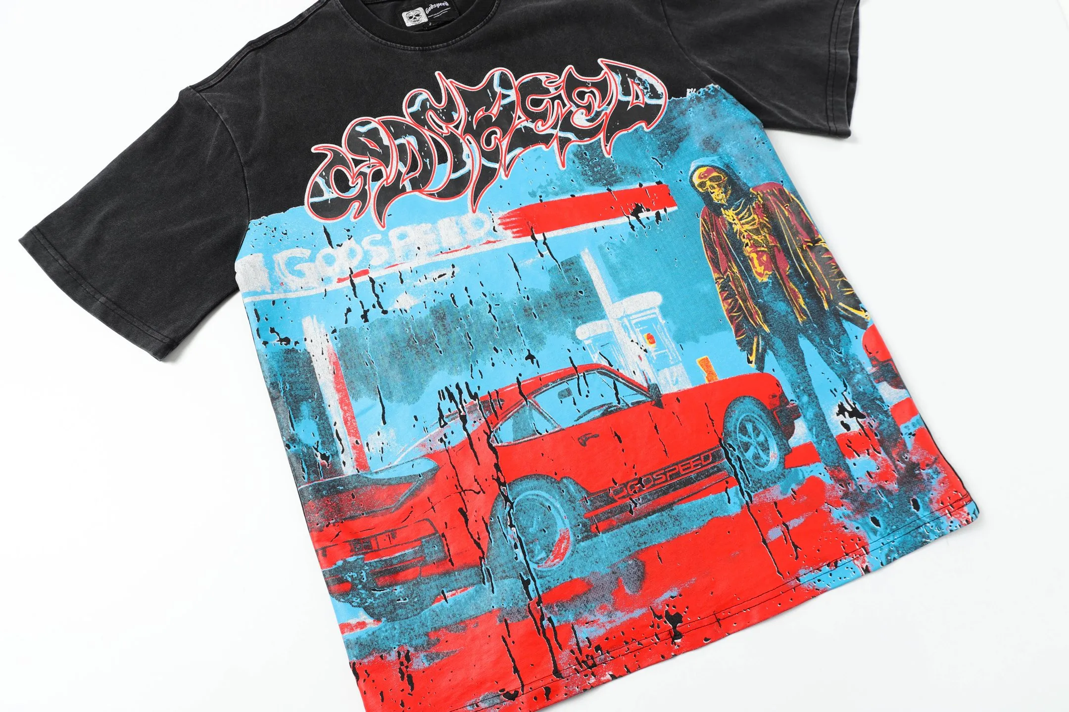 6006#washed black｜P116 Godspeed cross-border American rock and roll street washed retro style short-sleeved T (craft printing) fabric (fabric): 32 count combed double yarn 250g weight size (size): S-M-L-XL color (colour): washed black 👉
