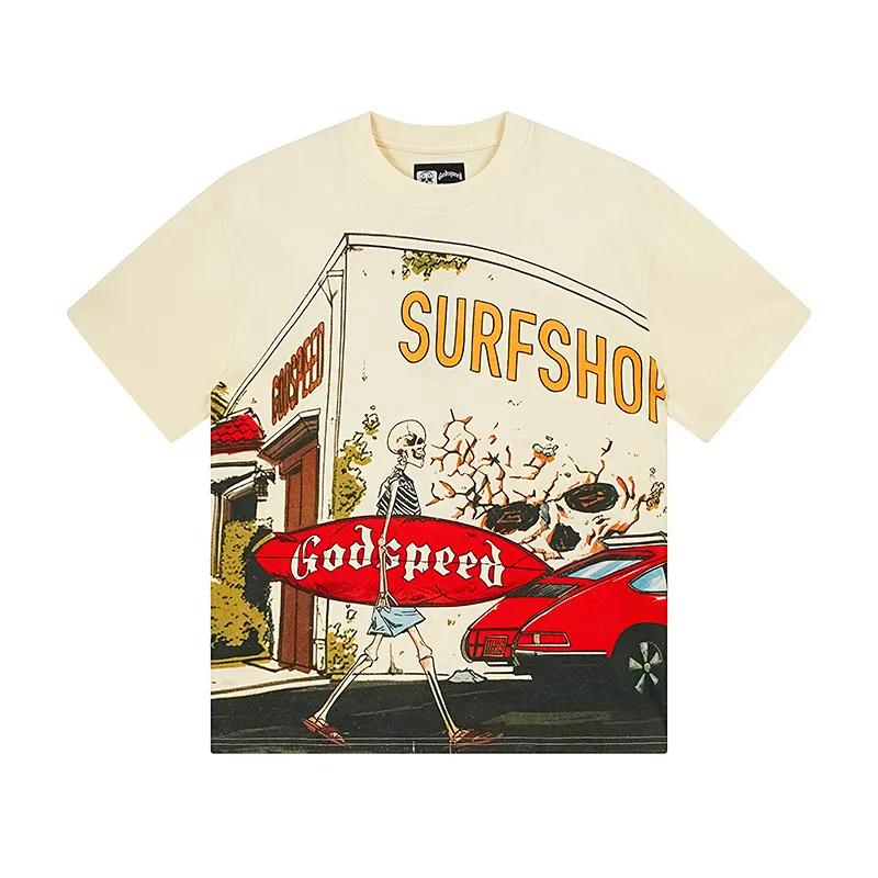3167# P106 Real shot Godspeed American fashion rock street retro loose printed cotton short sleeves Fabric: 240g 32 count fine cotton double yarn pure cotton Color: apricot Size: S M L XL