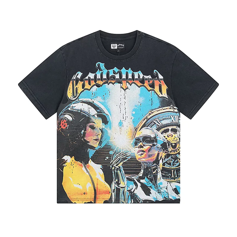 1000# P126 Washed Black Real Shot Godspeed American Fashion Rock Street Retro Washed Distressed Printed Pure Cotton Short Sleeves Fabric: 250g 32 Count Fine Cotton Double Yarn Pure Cotton Color: Washed Black Size: S M L XL