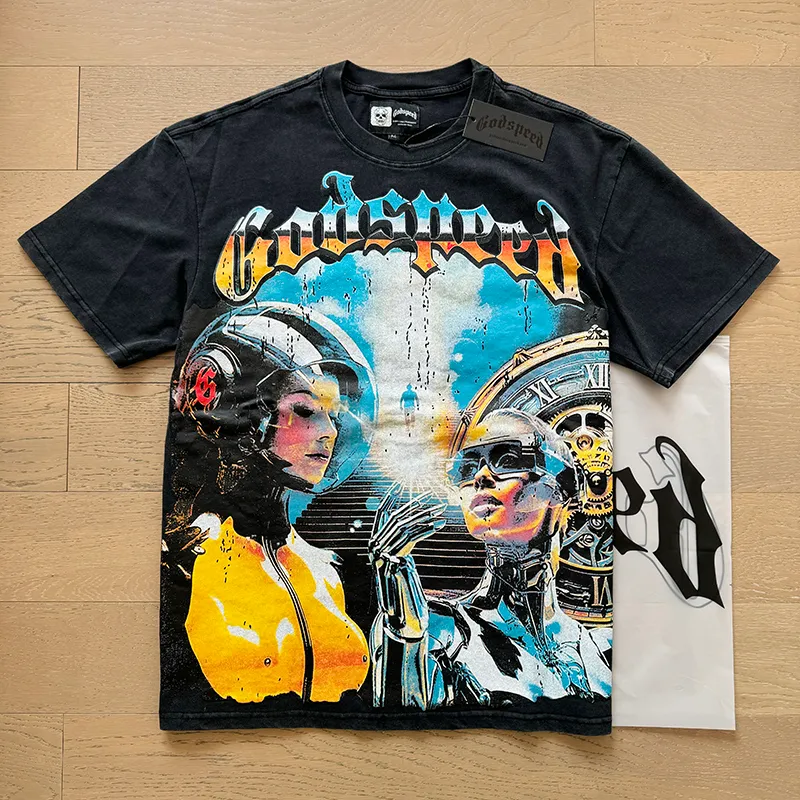 1000# P126 Washed Black Real Shot Godspeed American Fashion Rock Street Retro Washed Distressed Printed Pure Cotton Short Sleeves Fabric: 250g 32 Count Fine Cotton Double Yarn Pure Cotton Color: Washed Black Size: S M L XL