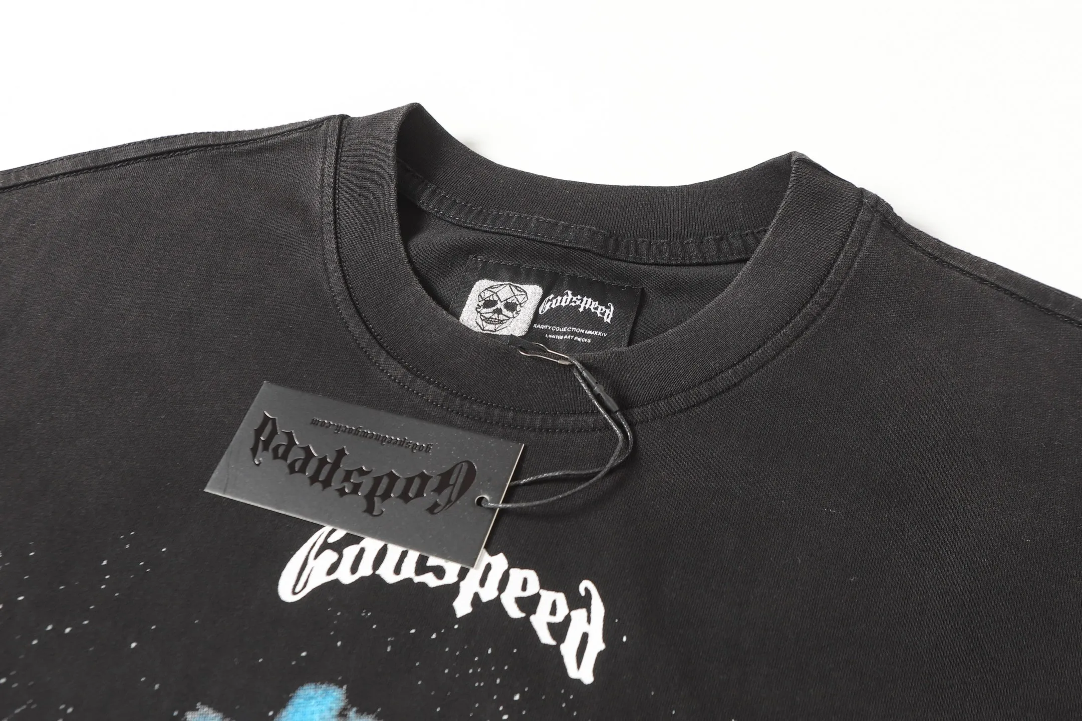6076# washed black | P116 Godspeed cross-border American rock and roll street washed retro style short-sleeved T (craft printing) fabric (fabric): 32 count combed double yarn 250 grams weight code number (size): S-M-L-XL color (colour): washed black