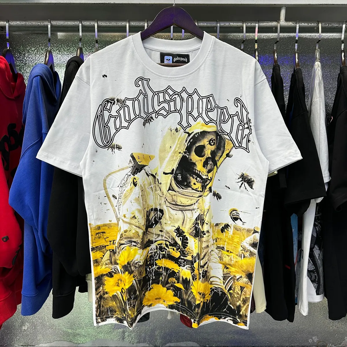 Actual photo, No. 7057, Mechao Godspeed skull bee sunflower print high quality double yarn pure cotton short-sleeved T-shirt batch 110 Color: black, white; Size: S M L XL
