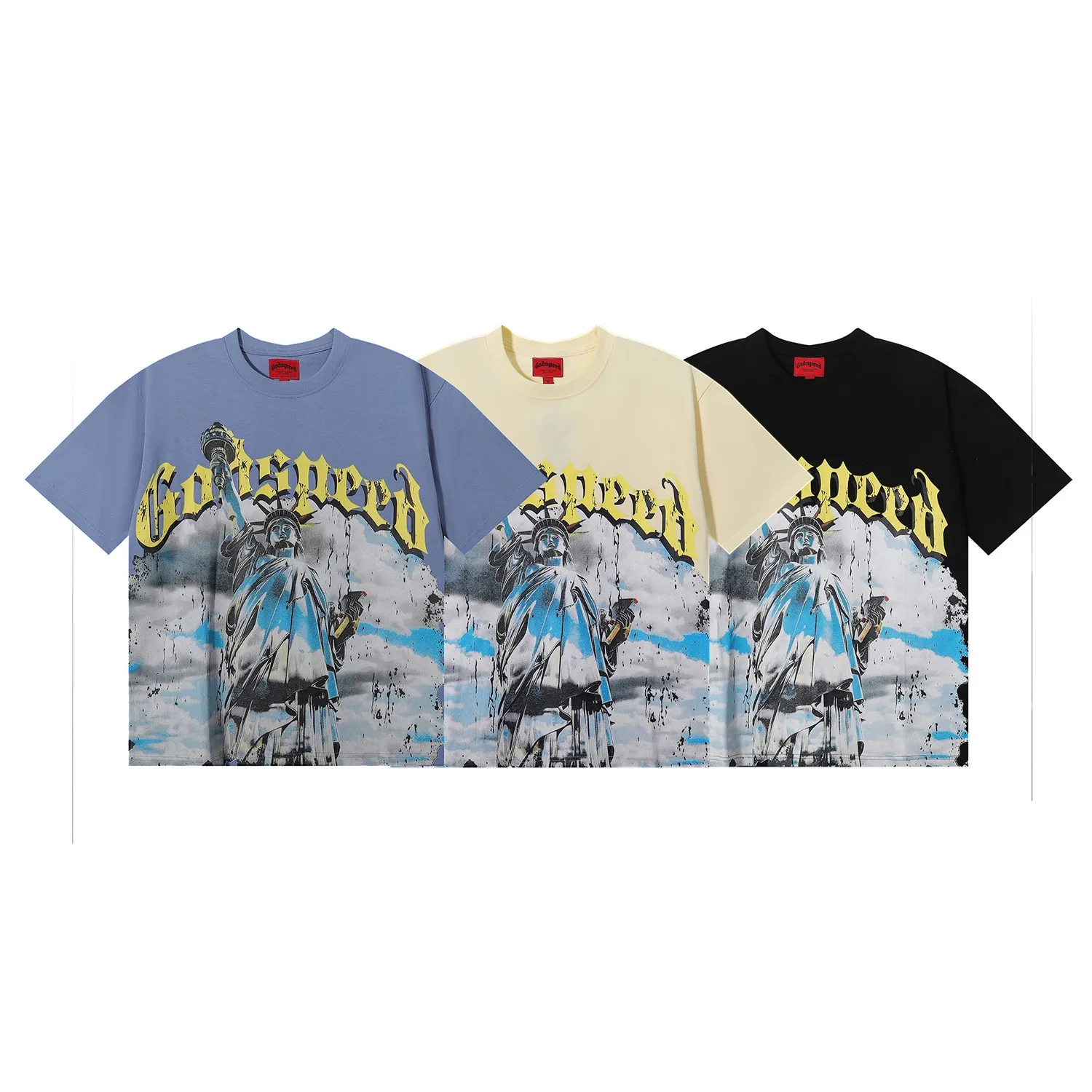 No. 7002, American fashion Godspeed Statue of Liberty printed high-quality double yarn pure cotton casual short-sleeved T-shirt batch 110 Color: black, apricot, blue; Size: S M L XL
