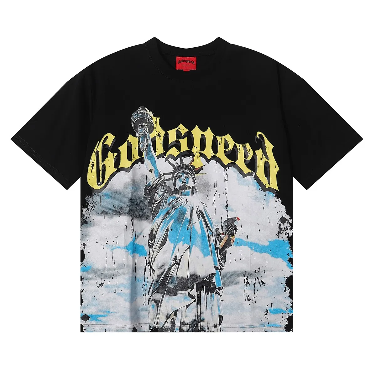 No. 7002, American fashion Godspeed Statue of Liberty printed high-quality double yarn pure cotton casual short-sleeved T-shirt batch 110 Color: black, apricot, blue; Size: S M L XL