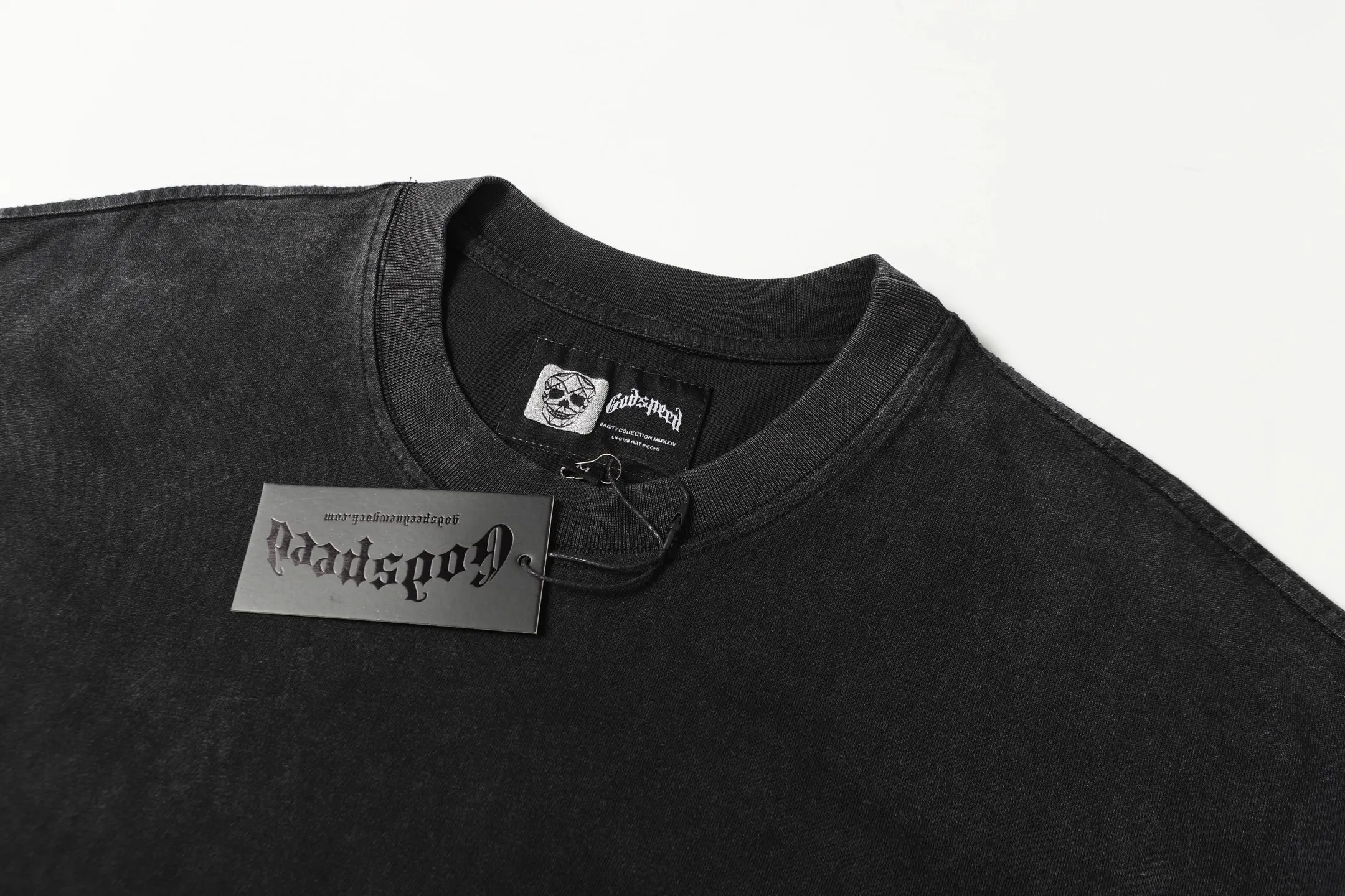 6063#washed black｜P116 Godspeed cross-border American rock and roll street washed retro style short-sleeved T (craft printing) fabric (fabric): 32 count combed double yarn 250g weight code number (size): S-M-L-XL color (colour): washed black