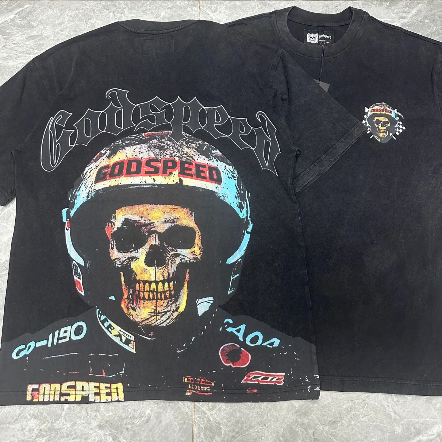 6063#washed black｜P116 Godspeed cross-border American rock and roll street washed retro style short-sleeved T (craft printing) fabric (fabric): 32 count combed double yarn 250g weight code number (size): S-M-L-XL color (colour): washed black