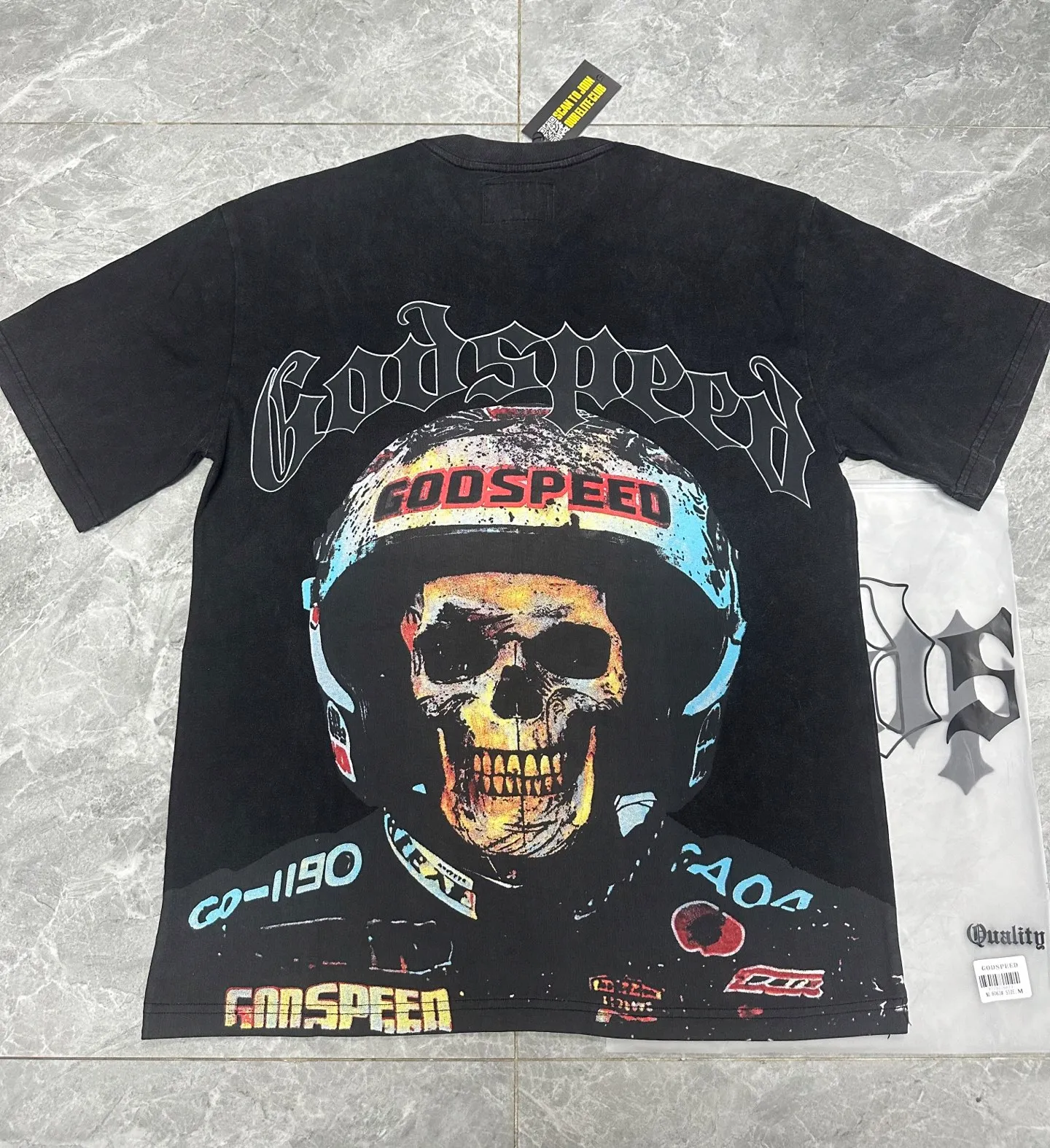 6063#washed black｜P116 Godspeed cross-border American rock and roll street washed retro style short-sleeved T (craft printing) fabric (fabric): 32 count combed double yarn 250g weight code number (size): S-M-L-XL color (colour): washed black