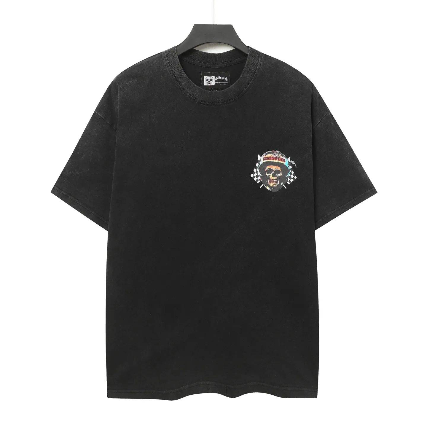 6063#washed black｜P116 Godspeed cross-border American rock and roll street washed retro style short-sleeved T (craft printing) fabric (fabric): 32 count combed double yarn 250g weight code number (size): S-M-L-XL color (colour): washed black