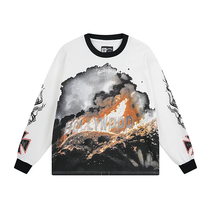 3107# P140 Real shot of Godspeed American fashion rock street pure cotton loose bottoming long-sleeved T-shirt long T-shirt Fabric: 270g 32-count fine cotton double yarn pure cotton Color: off-white apricot Code number: S M L XL