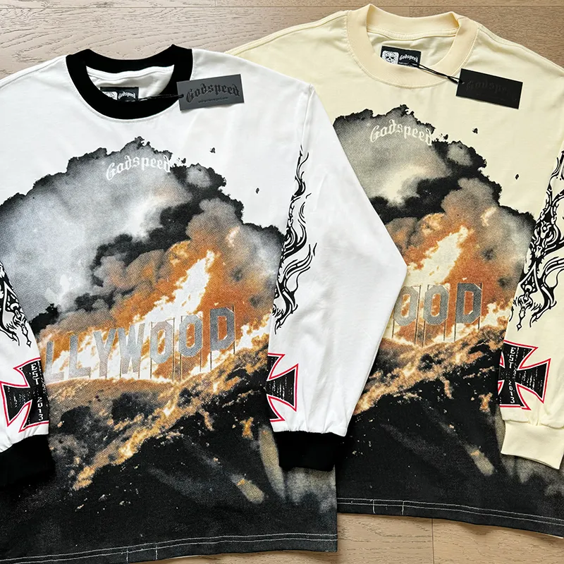3107# P140 Real shot of Godspeed American fashion rock street pure cotton loose bottoming long-sleeved T-shirt long T-shirt Fabric: 270g 32-count fine cotton double yarn pure cotton Color: off-white apricot Code number: S M L XL