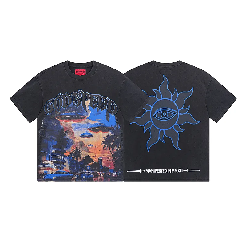 1066# P126 Washed Black Real Shot Godspeed American Fashion Rock Street Retro Washed Distressed Printed Cotton Short Sleeves Fabric: 250g 32 Count Fine Cotton Double Yarn Pure Cotton Color: Washed Black Size: S M L XL