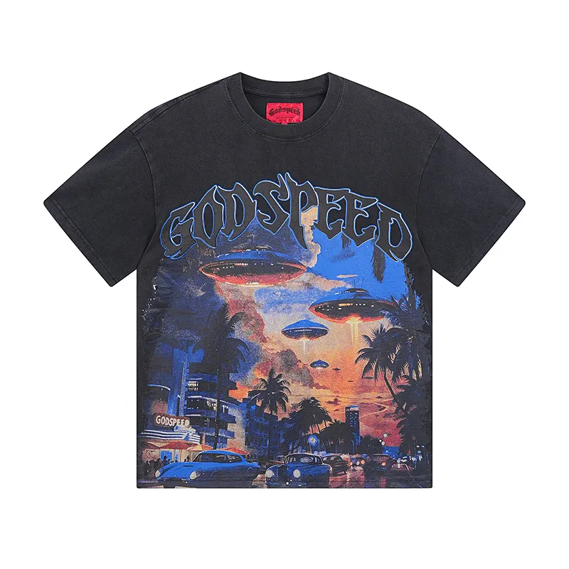 1066# P126 Washed Black Real Shot Godspeed American Fashion Rock Street Retro Washed Distressed Printed Cotton Short Sleeves Fabric: 250g 32 Count Fine Cotton Double Yarn Pure Cotton Color: Washed Black Size: S M L XL