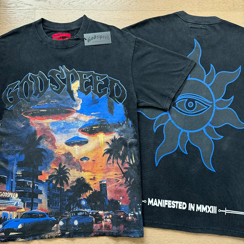 1066# P126 Washed Black Real Shot Godspeed American Fashion Rock Street Retro Washed Distressed Printed Cotton Short Sleeves Fabric: 250g 32 Count Fine Cotton Double Yarn Pure Cotton Color: Washed Black Size: S M L XL