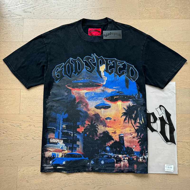 1066# P126 Washed Black Real Shot Godspeed American Fashion Rock Street Retro Washed Distressed Printed Cotton Short Sleeves Fabric: 250g 32 Count Fine Cotton Double Yarn Pure Cotton Color: Washed Black Size: S M L XL
