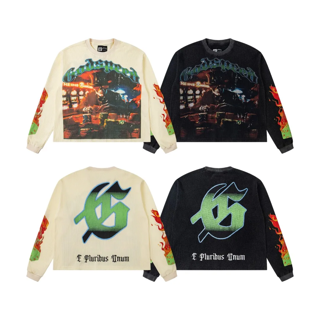 G17# GodSpeed ​​white ink direct spray long-sleeved waffle S-XL washed black P186 apricot P176