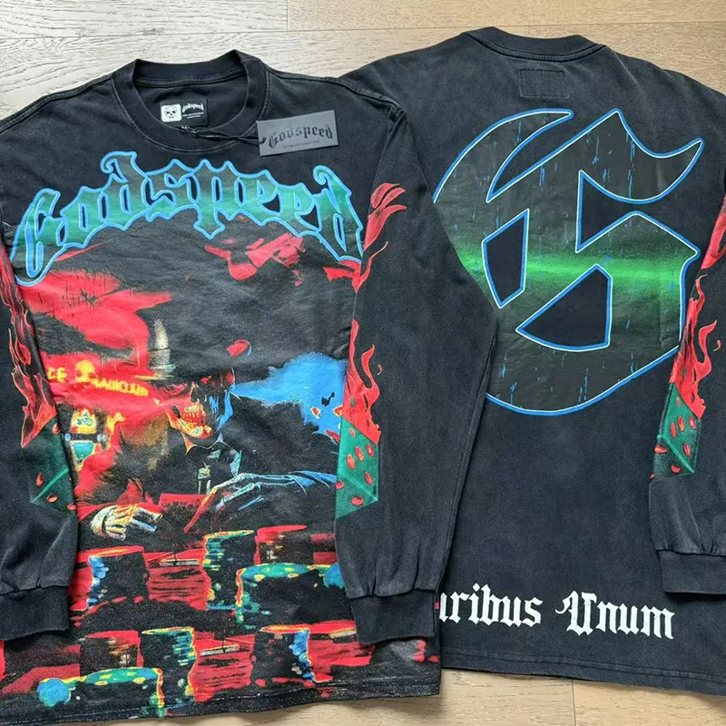 1099# P160 Washed Black Real Shot Godspeed American Fashion Rock Street Retro Washed Distressed Printed Cotton Short Sleeves Fabric: 270g 32 Count Fine Cotton Double Yarn Pure Cotton Color: Washed Black Size: S M L XL