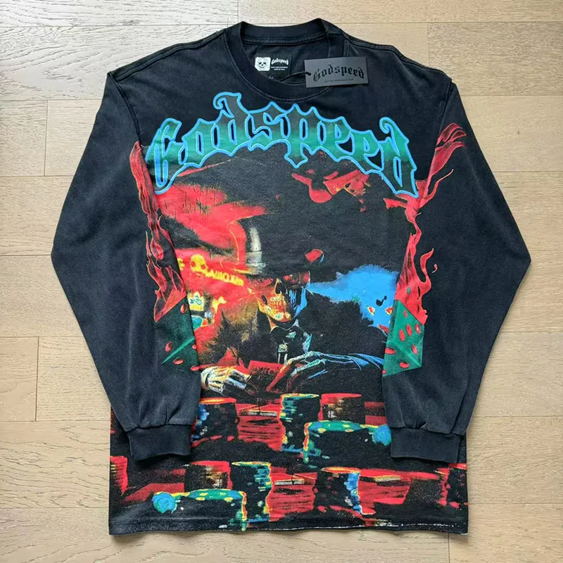 1099# P160 Washed Black Real Shot Godspeed American Fashion Rock Street Retro Washed Distressed Printed Cotton Short Sleeves Fabric: 270g 32 Count Fine Cotton Double Yarn Pure Cotton Color: Washed Black Size: S M L XL