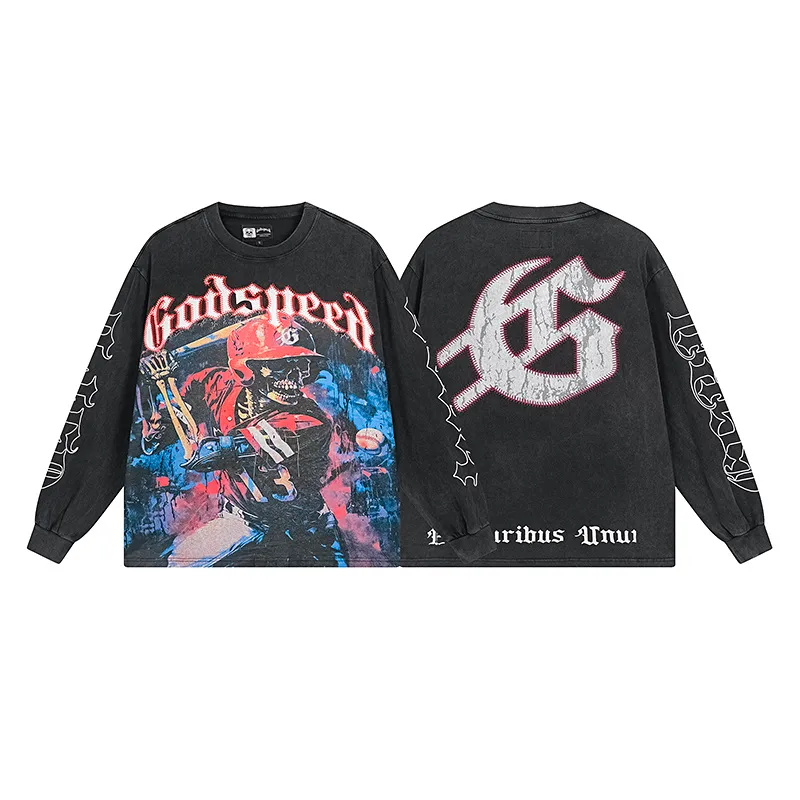 1159# P160 Washed Black Real Shot Godspeed Beauty Street Retro Washed and Distressed Pure Cotton Long T Fabric: 270g 32 Count Fine Cotton Double Yarn Pure Cotton Color: Washed Black Size: S M L XL