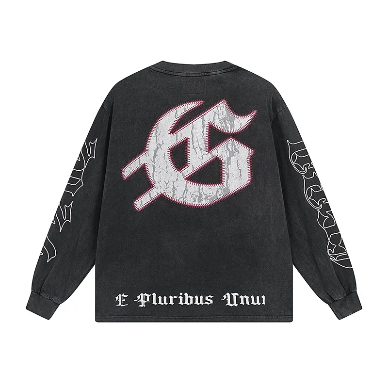 1159# P160 Washed Black Real Shot Godspeed Beauty Street Retro Washed and Distressed Pure Cotton Long T Fabric: 270g 32 Count Fine Cotton Double Yarn Pure Cotton Color: Washed Black Size: S M L XL