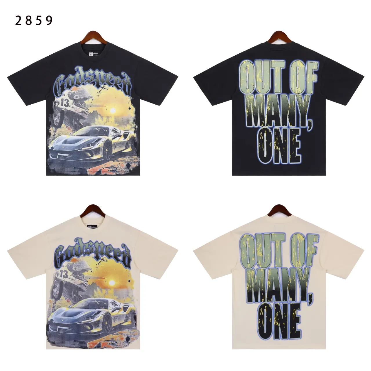 Style No.: 2859 Fabric: 230g washed P126 Real shot, spot beauty, trendy Godspeed racing print, washed and distressed, high quality double yarn casual round neck short-sleeved T-shirt for men and women Color; washed black, washed apricot Size: S M L XL
