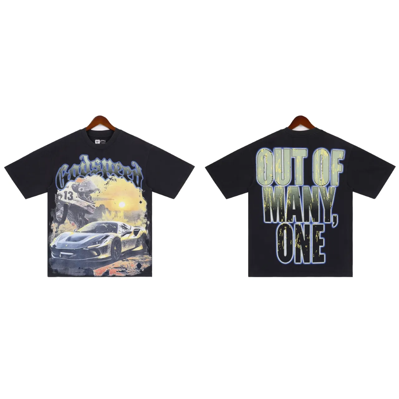 Style No.: 2859 Fabric: 230g washed P126 Real shot, spot beauty, trendy Godspeed racing print, washed and distressed, high quality double yarn casual round neck short-sleeved T-shirt for men and women Color; washed black, washed apricot Size: S M L XL
