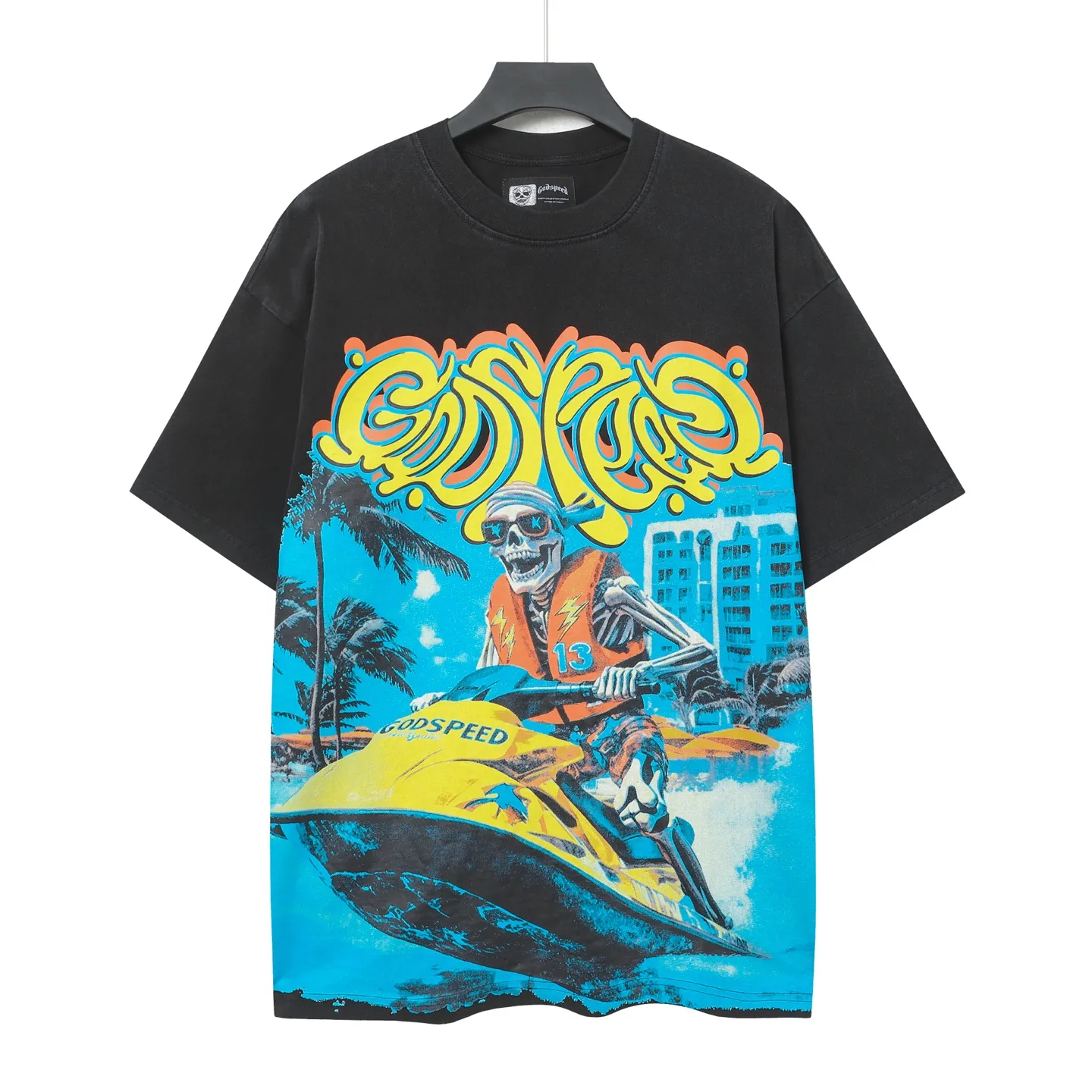 58💰6081#washed black ｜Godspeed cross-border American rock and roll street washed retro style short-sleeved T (craft print) fabric (fabric): 32 count combed double yarn 250g weight size (size): S-M-L-XL color (colour): washed black 👉 👉