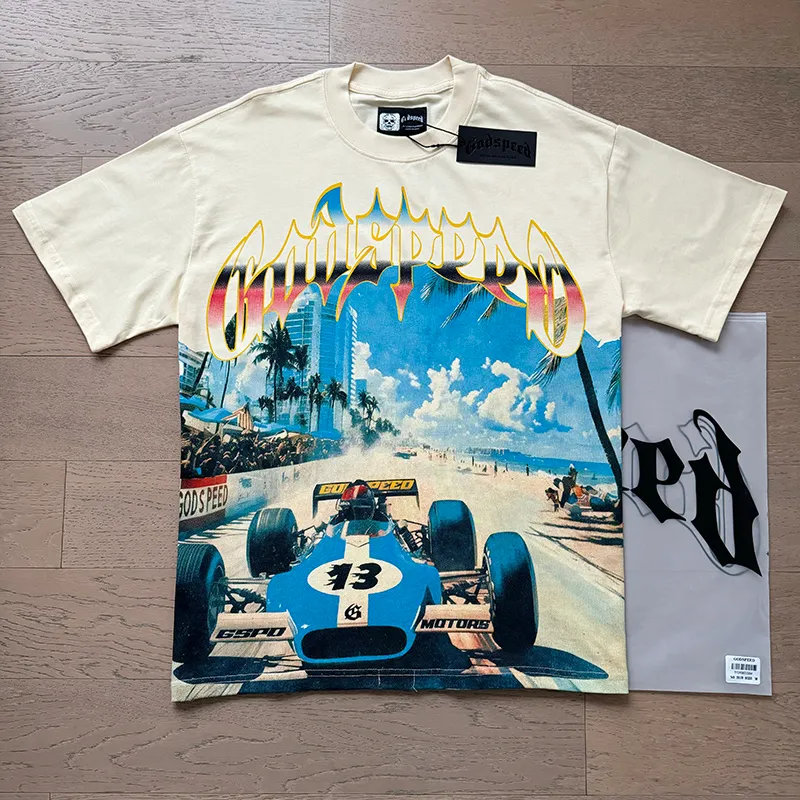 3110# P106 Real shot Godspeed American fashion rock street retro loose printed cotton short sleeves Fabric: 240g 32 count fine cotton double yarn pure cotton Color: apricot Size: S M L XL