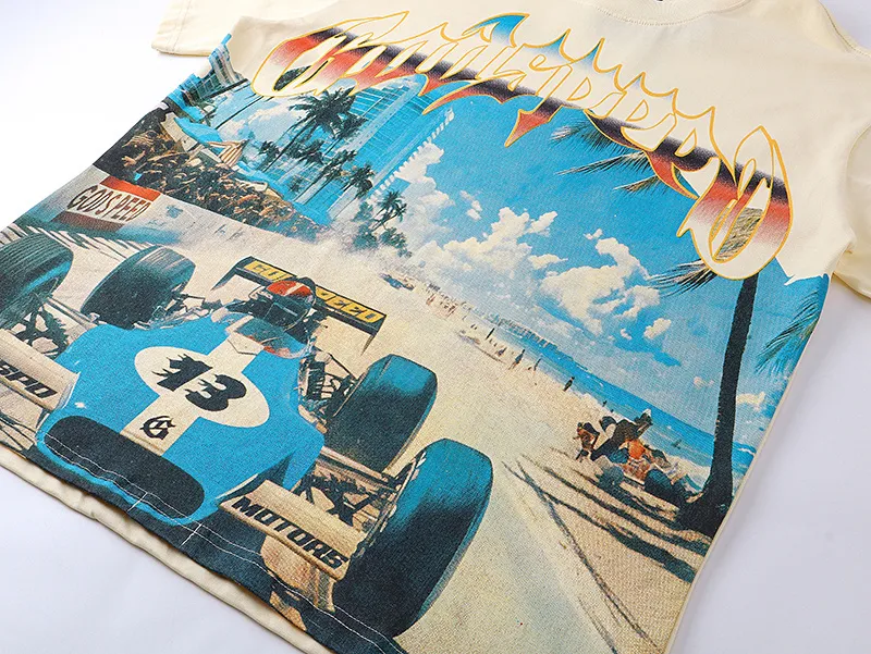 3110# P106 Real shot Godspeed American fashion rock street retro loose printed cotton short sleeves Fabric: 240g 32 count fine cotton double yarn pure cotton Color: apricot Size: S M L XL