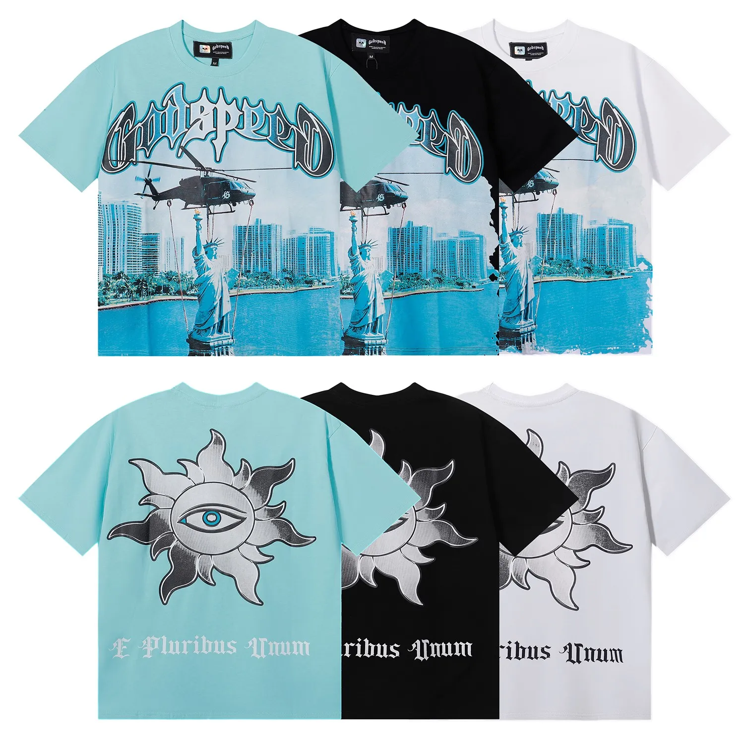 No. 7076, Mechao Godspeed Helicopter Lady Liberty printed high-quality double yarn pure cotton casual short-sleeved T-shirt batch 110 Color: black, white, lake green; Size: SM L XL