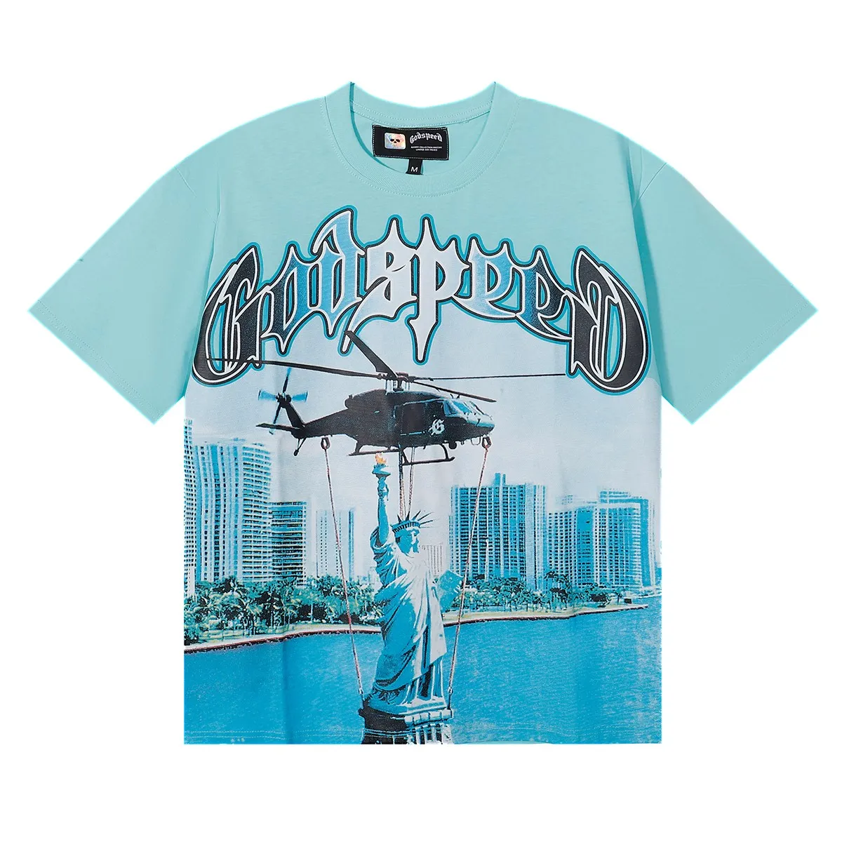 No. 7076, Mechao Godspeed Helicopter Lady Liberty printed high-quality double yarn pure cotton casual short-sleeved T-shirt batch 110 Color: black, white, lake green; Size: SM L XL