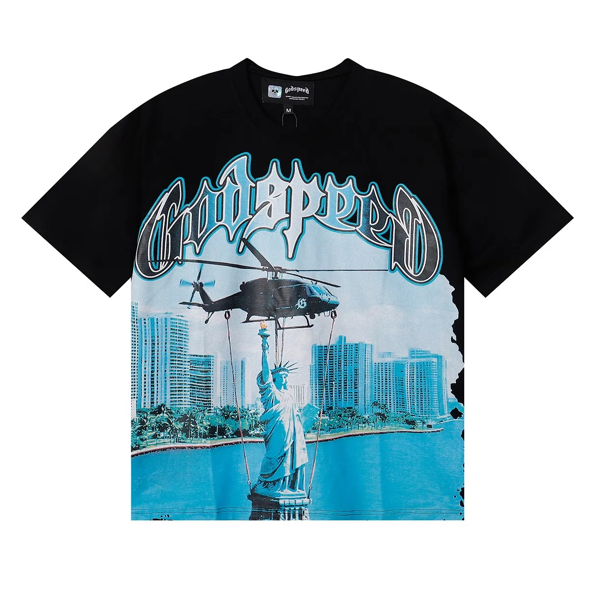 No. 7076, Mechao Godspeed Helicopter Lady Liberty printed high-quality double yarn pure cotton casual short-sleeved T-shirt batch 110 Color: black, white, lake green; Size: SM L XL