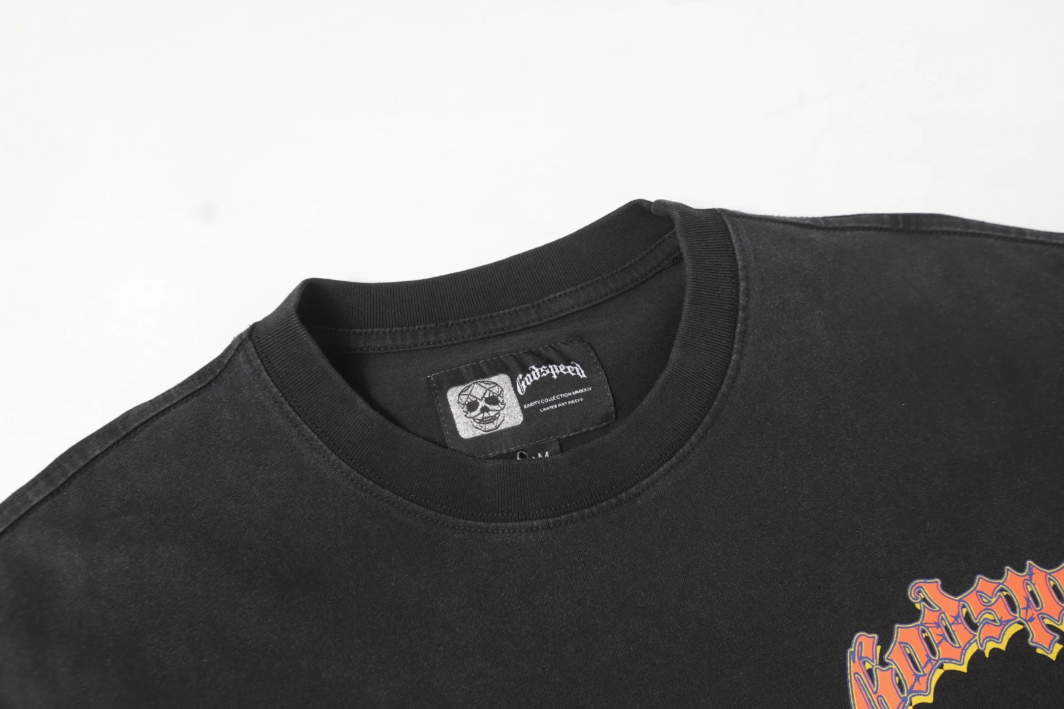 6008#washed black｜P116 Godspeed cross-border American rock and roll street washed retro style short-sleeved T (craft printing) fabric (fabric): 32 count combed double yarn 250g weight size (size): S-M-L-XL color (colour): washed black 👉